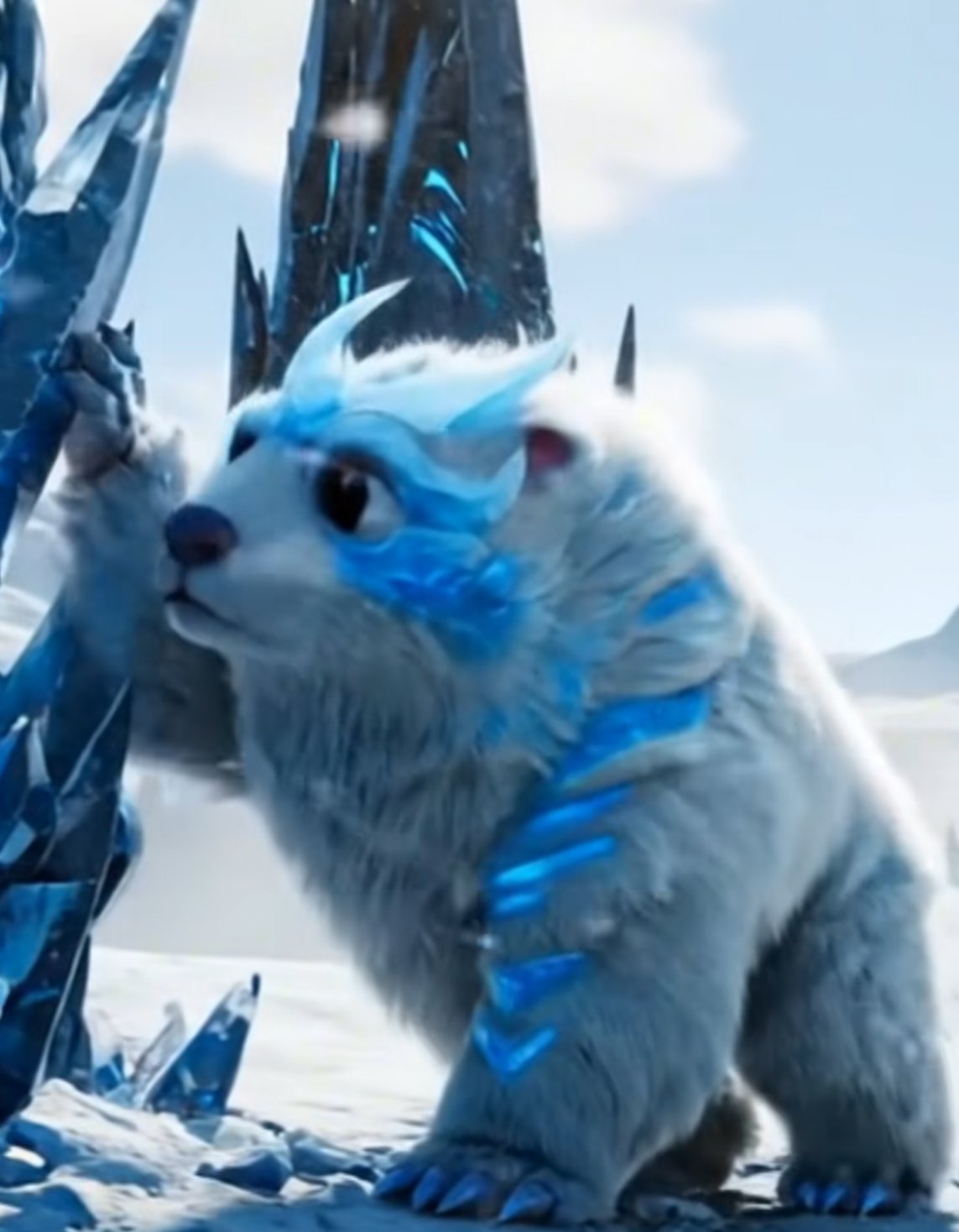 Blue fantasy creature in an icy scene from an AI video campaign.