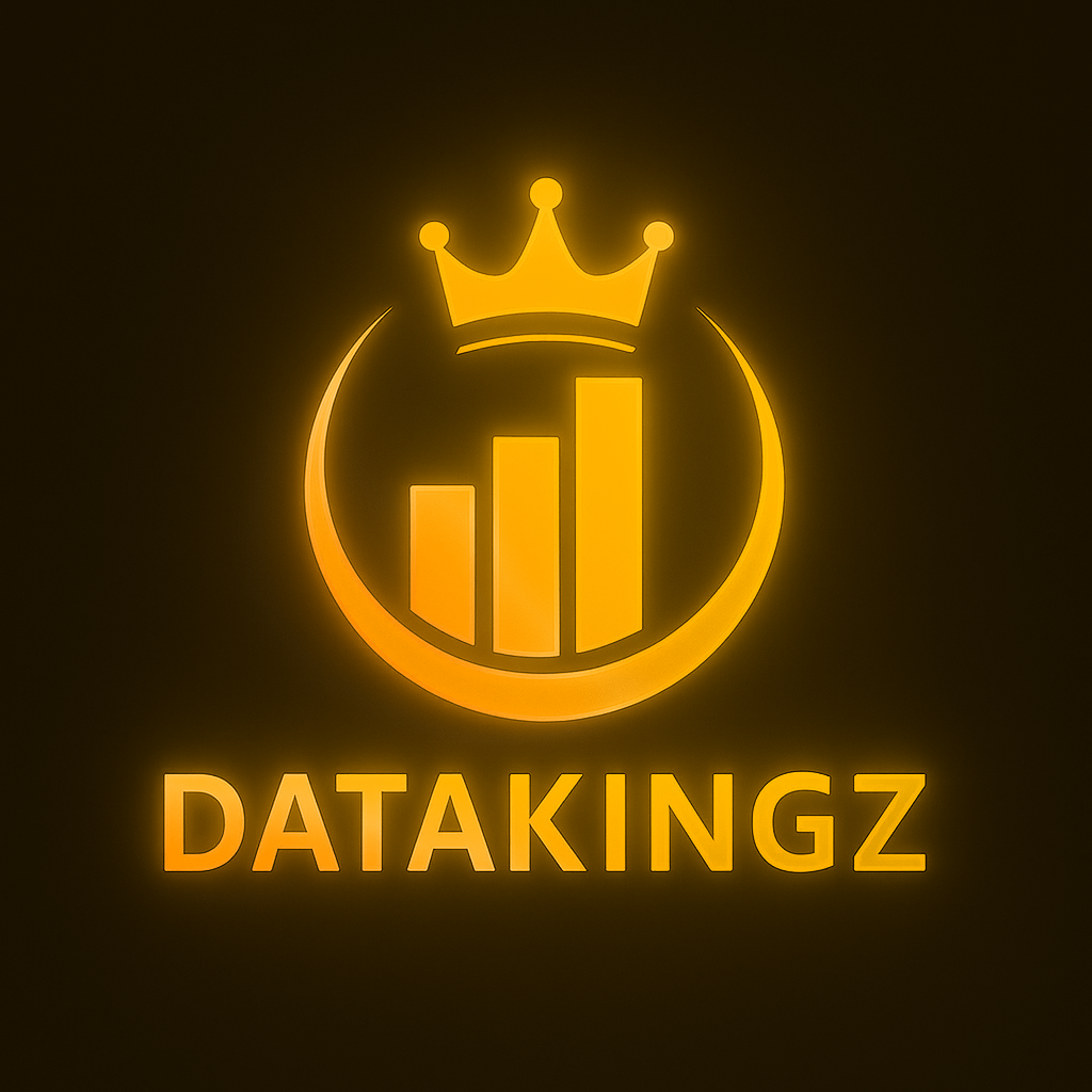DataKingz gold crown and bar-chart logo on a black background.